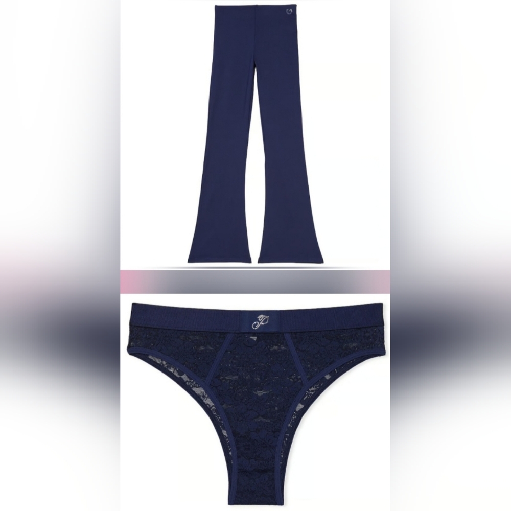 XXL VS PINK Winter Flare Leggings Bling Wink Lace Brazilian Panty Set Navy